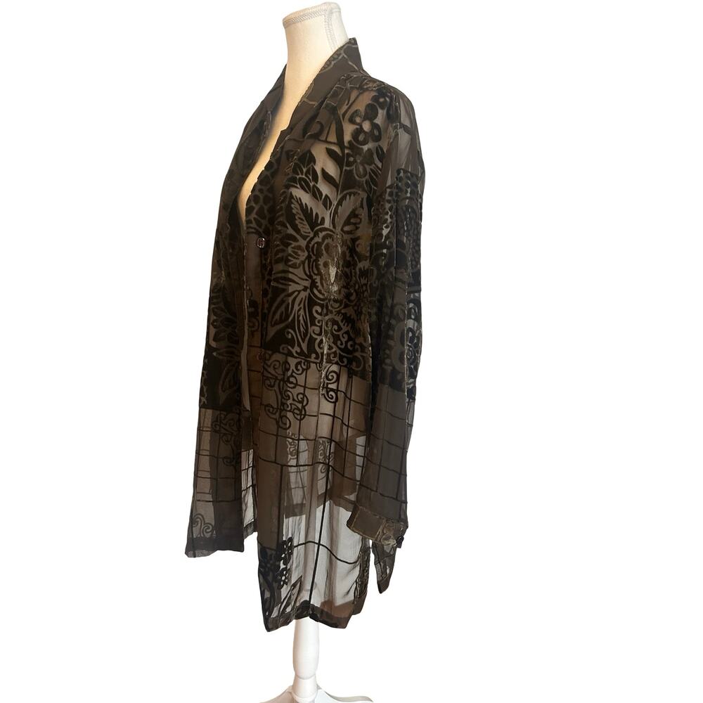 Coldwater Creek Burnout Velvet Duster Blouse Sheer Mocha Floral Y2K - Picture 5 of 15